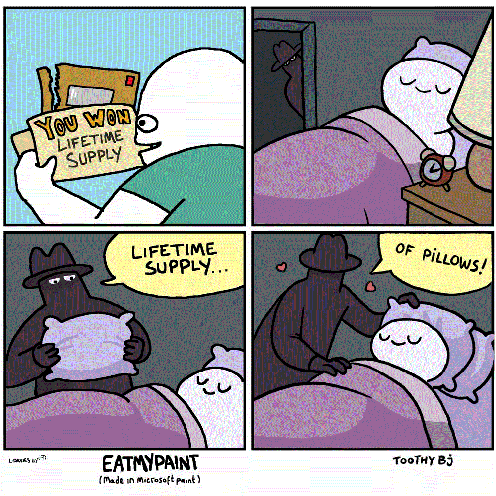 Alright Mr Hitman, to cut our costs we need you to kill the guy who won the lifetime supply. Pillowcorp cant afford to give out up to 20 free pillows!! AND DON'T SMOOCH THIS ONE!